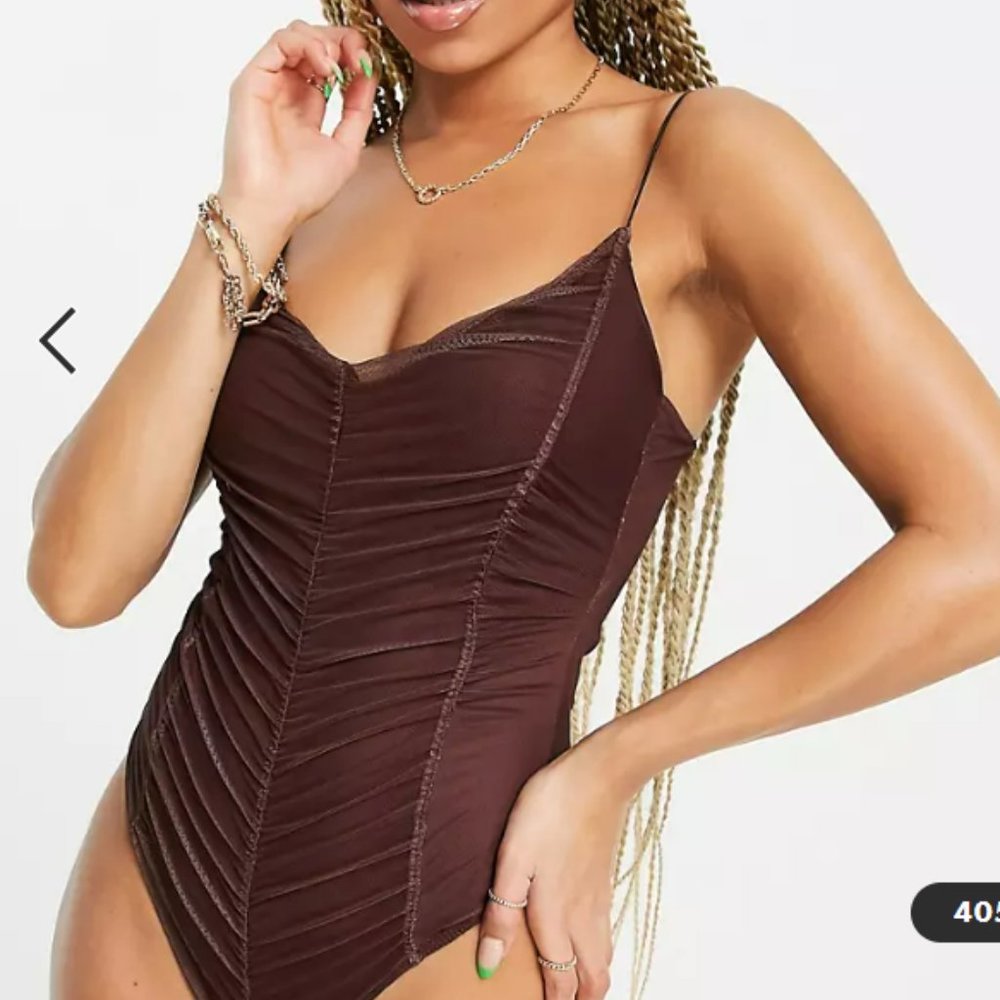 ASOS mesh ruching strappy bodysuit - Chocolate US 2